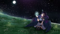 Size: 1600x900 | Tagged: safe, artist:kawurin, imported from derpibooru, princess luna, human, alicorn humanization, clothes, cute, dress, female, full moon, garter belt, glowing horn, horn, horned humanization, humanized, lunabetes, magic, moon, night, sitting, sky, solo, starry night, stars, stockings, thigh highs, winged humanization, wings