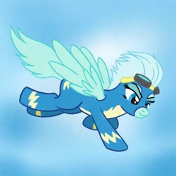 Size: 750x750 | Tagged: safe, artist:atomisk, imported from derpibooru, oc, oc:windy breeze, pegasus, pony, clothes, flying, goggles, photo, solo, uniform, wonderbolts, wonderbolts uniform