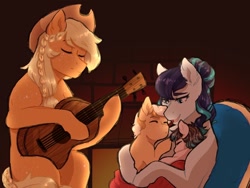 Size: 1024x768 | Tagged: safe, artist:vennyredmoon, imported from derpibooru, applejack, coloratura, oc, oc:goldie delicious, oc:lovely apple, earth pony, pony, alternate hairstyle, blanket, braid, family, female, foal, guitar, lesbian, lullaby, magical lesbian spawn, mare, mother and child, music, musical instrument, offspring, parent:applejack, parent:coloratura, parents:rarajack, rarajack, shipping, singing, sleeping, snuggling