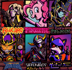 Size: 2048x2014 | Tagged: safe, artist:tomfoxcomics, imported from derpibooru, pinkie pie, earth pony, human, pony, robot, six fanarts, alucard (castlevania), bust, castlevania, clothes, crossover, dark paladin, female, kamen rider, kamen rider gaim, magna defender, mare, metal sonic, power rangers, power rangers lost galaxy, seijuu sentai gingaman, smiling, sonic the hedgehog (series), yu-gi-oh!