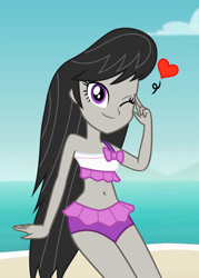 Size: 516x720 | Tagged: safe, artist:ponyalfonso, imported from derpibooru, octavia melody, equestria girls, adorasexy, beach, belly button, clothes, cute, female, heart, looking at you, ocean, one eye closed, sand, sexy, smiling, solo, swimsuit, tavibetes, wink