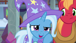 Size: 1920x1080 | Tagged: safe, imported from derpibooru, screencap, big macintosh, trixie, earth pony, pony, unicorn, a horse shoe-in, cape, clothes, duo, female, hat, male, mare, stallion, trixie's cape, trixie's hat