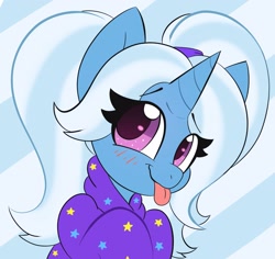 Size: 2793x2638 | Tagged: safe, artist:miss-jessiie, artist:pegamutt, imported from derpibooru, trixie, pony, unicorn, :p, babysitter trixie, blushing, bust, clothes, cute, diatrixes, female, gameloft interpretation, high res, hoodie, mare, pigtails, solo, tongue out