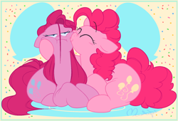 Size: 1280x870 | Tagged: safe, artist:hyperfixatins, artist:pillsburries, imported from derpibooru, pinkie pie, earth pony, pony, :i, :t, cheek kiss, cute, diapinkes, duo, eyes closed, female, floppy ears, kiss on the cheek, kissing, mare, not shipping, pinkamena diane pie, prone, self paradox, self ponidox, squishy cheeks, stray strand, unamused, varying degrees of amusement