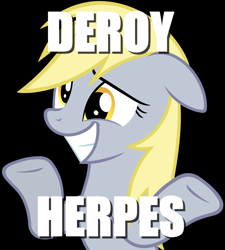 Size: 1280x1424 | Tagged: safe, edit, imported from derpibooru, derpy hooves, pegasus, pony, black background, caption, female, image macro, impact font, mare, meme, shrug, simple background, solo, text