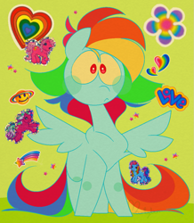 Size: 989x1132 | Tagged: safe, artist:hyperfixatins, artist:pillsburries, imported from derpibooru, pinkie pie, pinkie pie (g3), rainbow dash, rainbow dash (g3), sweetberry, pegasus, pony, female, flower, g3, green background, heart, love, rainbow, shooting star, simple background, solo, sticker