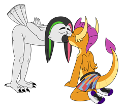 Size: 3624x3162 | Tagged: safe, artist:aaron amethyst, imported from derpibooru, smolder, oc, anthro, avian, bird, dragon, owl, ankle socks, boxer briefs, canon x oc, clothes, duo, female, furry, kiss on the lips, kissing, male, simple background, sock fetish, socks, transparent background, underwear