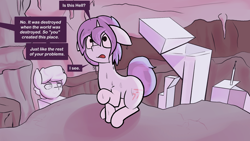 Size: 2000x1125 | Tagged: safe, artist:triplesevens, imported from derpibooru, oc, oc only, oc:triple sevens, unicorn, building, cave, dialogue, hell, male, offscreen character, sitting, speech bubble, statue, sweat