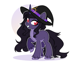 Size: 2648x2324 | Tagged: safe, artist:alphajunko, imported from derpibooru, oc, oc only, unnamed oc, pony, unicorn, adoptable, blank flank, colored pupils, crystal, female, grin, hat, horn, looking at you, mare, raised hoof, simple background, smiling, solo, transparent background, unshorn fetlocks, witch, witch hat