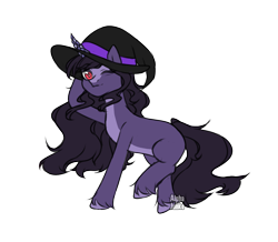 Size: 1654x1439 | Tagged: safe, artist:alphajunko, imported from derpibooru, oc, oc only, unnamed oc, pony, unicorn, adoptable, blank flank, colored pupils, crystal, female, grin, hat, horn, looking at you, mare, one eye closed, raised hoof, simple background, smiling, solo, transparent background, unshorn fetlocks, wink, witch, witch hat