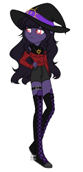 Size: 2391x4932 | Tagged: safe, artist:alphajunko, imported from derpibooru, oc, oc only, unnamed oc, equestria girls, adoptable, boots, clothes, colored pupils, equestria girls-ified, female, frown, hand on hip, hat, jewelry, necklace, shirt, shoes, shorts, simple background, smiling, solo, sweater, transparent background, undershirt, witch, witch hat