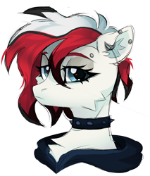 Size: 1884x2214 | Tagged: safe, artist:sonnezamayxx, imported from derpibooru, oc, oc only, unnamed oc, earth pony, pony, adoptable, bridge piercing, bust, choker, clothes, ear piercing, earring, female, frown, hood, jewelry, lidded eyes, mare, piercing, simple background, solo, spiked choker, white background