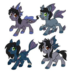 Size: 750x750 | Tagged: safe, artist:jitterbugjive, imported from derpibooru, oc, oc only, half-siren, hybrid, pony, undead, zombie, zombie pony, bone, cloven hooves, colored hooves, colt, female, filly, fins, foal, hair over one eye, happy, horn, magical gay spawn, male, offspring, open mouth, scales, scar, simple background, stitches, torn ear, white background