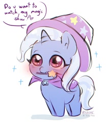 Size: 1200x1400 | Tagged: safe, artist:riukime, imported from derpibooru, trixie, pony, unicorn, blushing, bronybait, chibi, cute, daaaaaaaaaaaw, dialogue, diatrixes, female, filly, filly trixie, heart, looking at you, magic wand, mare, mouth hold, nom, simple background, smiling, solo, sparkles, speech bubble, starry eyes, weapons-grade cute, white background, wingding eyes, younger