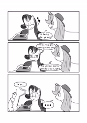 Size: 2892x4096 | Tagged: safe, artist:gryphon bbq, artist:wirlog, imported from derpibooru, applejack, rarity, oc, oc:anon, earth pony, human, pony, unicorn, ..., black and white, comic, dialogue, eyes closed, female, glowing horn, grayscale, horn, humming, ironing, levitation, lineart, magic, magic aura, male, mare, monochrome, music notes, simple background, speech bubble, telekinesis, white background