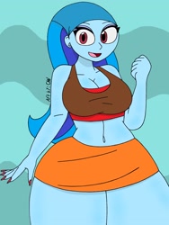 Size: 1932x2576 | Tagged: safe, artist:c_w, imported from derpibooru, sonata dusk, equestria girls, bandana, belly button, breasts, busty sonata dusk, cleavage, clenched fist, eyelashes, eyeshadow, lindsay, looking at you, makeup, nail polish, open mouth, plump, smiling, thighs, thunder thighs, total drama, total drama island, wide hips