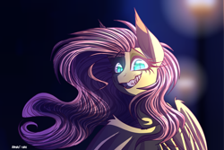 Size: 3000x2000 | Tagged: safe, artist:celes-969, artist:spirit-fire360, imported from derpibooru, fluttershy, pegasus, pony, blurred background, blurry background, bust, creepy, evil grin, fangs, female, grin, high res, insane pony thread, insanity, looking at you, manic grin, mare, sharp teeth, slit eyes, slit pupils, smiling, solo, spread wings, teeth, toothy grin, wings