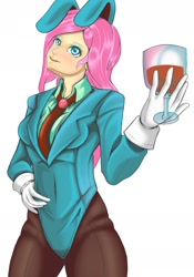 Size: 1280x1833 | Tagged: safe, artist:jennobasilicum, imported from derpibooru, fluttershy, human, bunny ears, clothes, digital art, female, glass, humanized, simple background, smiling, solo, wine glass