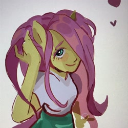 Size: 2048x2048 | Tagged: safe, artist:le683a, imported from derpibooru, fluttershy, equestria girls, blouse, bust, clothes, female, hair over one eye, heart, ponied up, skirt, solo