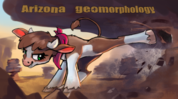 Size: 906x505 | Tagged: safe, alternate version, artist:xbi, imported from derpibooru, arizona cow, cow, them's fightin' herds, arizona, arizona (tfh), bandana, cloven hooves, community related, female, fight, kicking, pun, solo, text, unshorn fetlocks