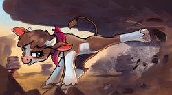 Size: 906x505 | Tagged: safe, artist:xbi, imported from derpibooru, arizona cow, cow, them's fightin' herds, arizona, arizona (tfh), bandana, cloven hooves, community related, female, fight, kicking, pun, solo, unshorn fetlocks, visual pun