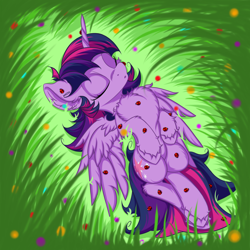 Size: 2500x2500 | Tagged: safe, artist:rurihal, imported from derpibooru, twilight sparkle, alicorn, insect, ladybug, pony, chest fluff, cute, ear fluff, eyes closed, female, flower, fluffy, grass, high res, hoof fluff, insect on horn, nap, on back, sleeping, solo, this will end in tears, this will not end well, twiabetes, twilight hates ladybugs, twilight sparkle (alicorn), unshorn fetlocks