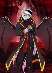 Size: 2480x3508 | Tagged: safe, artist:arctic-fox, imported from derpibooru, oc, oc only, oc:stormdancer, anthro, bat pony, vampire, vampony, anthro oc, assassin's creed, badass, bat pony oc, bat wings, black, blood moon, clothes, full moon, goth, gothic, high res, jewelry, male, metal claws, moon, red eyes, solo, stallion, wing ring, wings