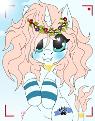 Size: 1075x1371 | Tagged: safe, alternate version, artist:_wulfie, imported from derpibooru, oc, oc only, oc:angel paw, pony, unicorn, blushing, camera shot, clothes, cloud, fangs, floral head wreath, flower, heart eyes, horn, jewelry, leonine tail, necklace, paw prints, smiling, socks, solo, striped socks, sun, unicorn oc, wingding eyes