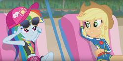 Size: 1296x646 | Tagged: safe, imported from derpibooru, screencap, applejack, rainbow dash, equestria girls, equestria girls series, lost and found, beach, beautiful, belly button, clothes, female, friends, geode of super speed, geode of super strength, glasses, looking at each other, magical geodes, midriff, sexy, sleeveless, smiling, swimsuit