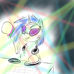 Size: 2000x2000 | Tagged: safe, artist:shinycyan, imported from derpibooru, dj pon-3, vinyl scratch, pony, unicorn, bust, cute, disc jockey, dj booth, doodle, female, glowstick, hooves up, solo, spotlight, turntable, vinyl's glasses, vinylbetes