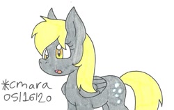 Size: 970x612 | Tagged: safe, artist:cmara, imported from derpibooru, derpy hooves, pegasus, pony, female, mare, open mouth, simple background, solo, traditional art, white background