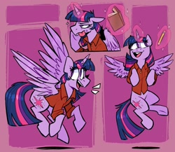 Size: 1500x1300 | Tagged: safe, artist:klhpyro, imported from derpibooru, twilight sparkle, oc, oc only, oc:acesential, alicorn, pony, book, clothes, female, glowing horn, horn, magic, magic aura, pencil, polo shirt, shirt, solo, twilight sparkle (alicorn)