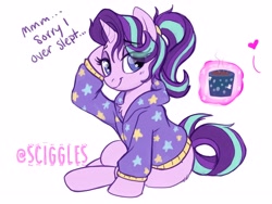 Size: 4000x3000 | Tagged: safe, artist:sciggles, imported from derpibooru, starlight glimmer, pony, unicorn, alternate hairstyle, chest fluff, clothes, clothes swap, coffee, coffee mug, dialogue, female, floating heart, heart, high res, hoodie, implied lesbian, implied shipping, implied startrix, magic, magic aura, mare, morning ponies, mug, offscreen character, ponytail, simple background, solo, white background