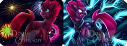 Size: 1535x566 | Tagged: safe, artist:dogi-crimson, imported from derpibooru, fizzlepop berrytwist, tempest shadow, pony, unicorn, my little pony: the movie, broken horn, duality, ear fluff, electricity, electricity magic, female, fireworks, horn, mare, open mouth, solo