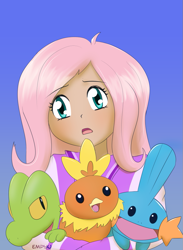 Size: 733x1000 | Tagged: safe, artist:empyu, imported from derpibooru, fluttershy, human, mudkip, torchic, treecko, 45 minute art challenge, distressed, humanized, pokémon, pokémon trainer