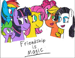 Size: 678x522 | Tagged: safe, artist:magicgirl88, imported from derpibooru, applejack, fluttershy, pinkie pie, rainbow dash, rarity, spike, twilight sparkle, mane seven, mane six, traditional art