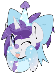 Size: 3052x4000 | Tagged: safe, artist:partylikeanartist, imported from derpibooru, oc, oc only, oc:indigo wire, pony, unicorn, absurd resolution, birthday, bow, clothes, clown, clown makeup, clown nose, clowncore, costume, gradient hooves, hat, looking at you, party hat, ponytail, red nose, ribbon, simple background, solo, tongue out, transparent background, wingding eyes, winking at you