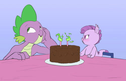Size: 1206x780 | Tagged: safe, artist:carnifex, imported from derpibooru, spike, oc, oc:lavender, dracony, dragon, hybrid, pony, :t, birthday cake, blue background, blushing, cake, candle, cute, father and child, father and daughter, female, fire, food, glare, grumpy, interspecies offspring, joke, lavender is not amused, looking away, male, nose wrinkle, ocbetes, offspring, older, older spike, parent:rarity, parent:spike, parents:sparity, pouting, puffy cheeks, scrunchy face, simple background, smiling, spikabetes, trollspike, unamused