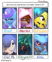 Size: 1242x1464 | Tagged: safe, artist:alphadesu, imported from derpibooru, marian, queen chrysalis, trixie, changeling, changeling queen, fox, human, riolu, six fanarts, :p, anthro with ponies, bill cipher, bowtie, bust, ciel phantomhive, clothes, crossover, disney's robin hood, female, fire, gravity falls, hair over one eye, hat, kuroshitsuji, maid marian, male, open mouth, pokémon, robin hood, tongue out