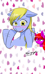 Size: 1700x2800 | Tagged: safe, artist:sasaki-kasumi, imported from derpibooru, derpy hooves, oc, oc:donna, blushing, heart