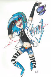 Size: 1445x2181 | Tagged: safe, artist:dedphantom, imported from derpibooru, dj pon-3, vinyl scratch, human, clothes, female, headphones, humanized, socks, solo, striped socks, traditional art