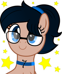 Size: 4000x4754 | Tagged: safe, artist:melisareb, imported from derpibooru, oc, oc only, oc:crescend cinnamon, earth pony, pony, absurd resolution, bust, choker, cute, female, glasses, inkscape, looking at you, mare, ocbetes, scrunchie, simple background, solo, stars, transparent background, vector, weapons-grade cute