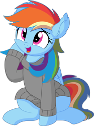 Size: 5766x7699 | Tagged: safe, artist:cyanlightning, imported from derpibooru, rainbow dash, pegasus, pony, .svg available, absurd resolution, clothes, cute, dashabetes, ear fluff, female, folded wings, hoodie, looking up, mare, open mouth, simple background, sitting, solo, sweater, transparent background, vector, wings