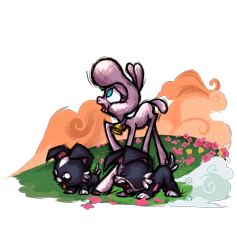 Size: 2953x3111 | Tagged: safe, artist:alts-art, imported from derpibooru, pom lamb, dog, lamb, sheep, them's fightin' herds, community related, female, flower, grass, official, pom (tfh), puppy, simple background, solo, transparent background, trio