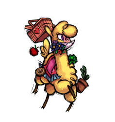 Size: 2953x3111 | Tagged: safe, artist:alts-art, imported from derpibooru, part of a set, paprika paca, alpaca, them's fightin' herds, apple, basket, broccoli, cloven hooves, community related, female, food, mouth hold, official, paprika (tfh), picnic basket, potted plant, simple background, solo, transparent background