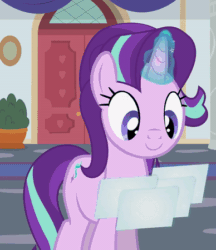 Size: 388x450 | Tagged: safe, artist:agrol, imported from derpibooru, starlight glimmer, pony, unicorn, derpibooru, headmare of the school, :i, animated, confused, female, forced juxtaposition, frown, gif, implied trixie, juxtaposition, juxtaposition win, levitation, magic, magic aura, mare, meme, meta, photo, school of friendship, smiling, telekinesis, youtube link