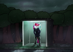 Size: 7016x4961 | Tagged: safe, artist:tenenbris, imported from derpibooru, oc, oc only, semi-anthro, bus stop, clothes, forest, latex, pants, parka, rain, road, solo