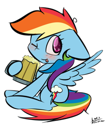 Size: 1136x1356 | Tagged: safe, artist:ask-minty, imported from derpibooru, rainbow dash, pegasus, pony, :p, backwards cutie mark, blushing, cider, cute, dashabetes, female, floppy ears, mare, one eye closed, simple background, solo, tankard, tongue out, transparent background, wink