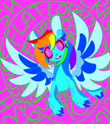 Size: 3200x3600 | Tagged: safe, artist:pinkeyesoda, imported from derpibooru, rainbow dash, pegasus, eye strain, flying, pink eyes, psychedelic, rainbow crash, wings