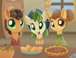 Size: 1569x1185 | Tagged: safe, artist:dusthiel, imported from derpibooru, butternut, oak nut, pistachio, earth pony, pony, best gift ever, :3, acorn, cheek fluff, chest fluff, cottagecore, cowboy hat, cute, ear fluff, family, family photo, featured image, female, food, hat, looking at you, male, mare, open mouth, pie, pistachiaww, smiling, stallion, stetson, sweet dreams fuel